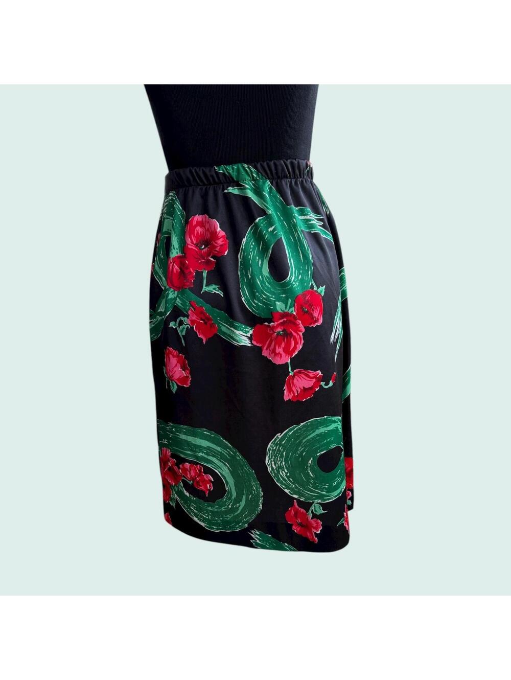 Vintage 80s 90s Floral Straight Skirt, Miss Charm Knee Length, Red and Black